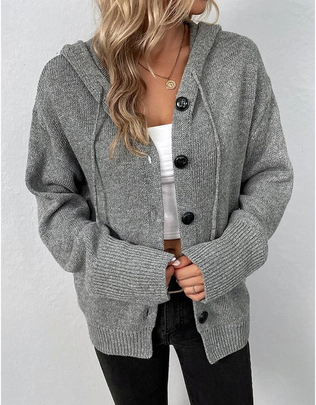 Medium Grey Drawstring Hooded Button Up Drop Shoulder Sweater Cardigan