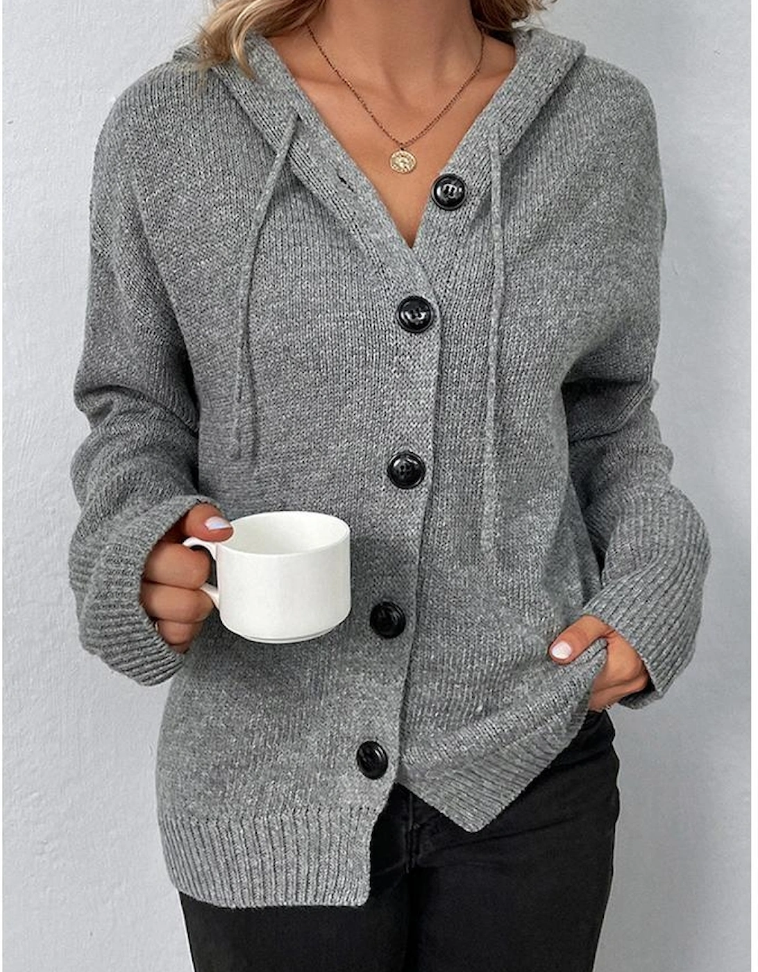 Medium Grey Drawstring Hooded Button Up Drop Shoulder Sweater Cardigan