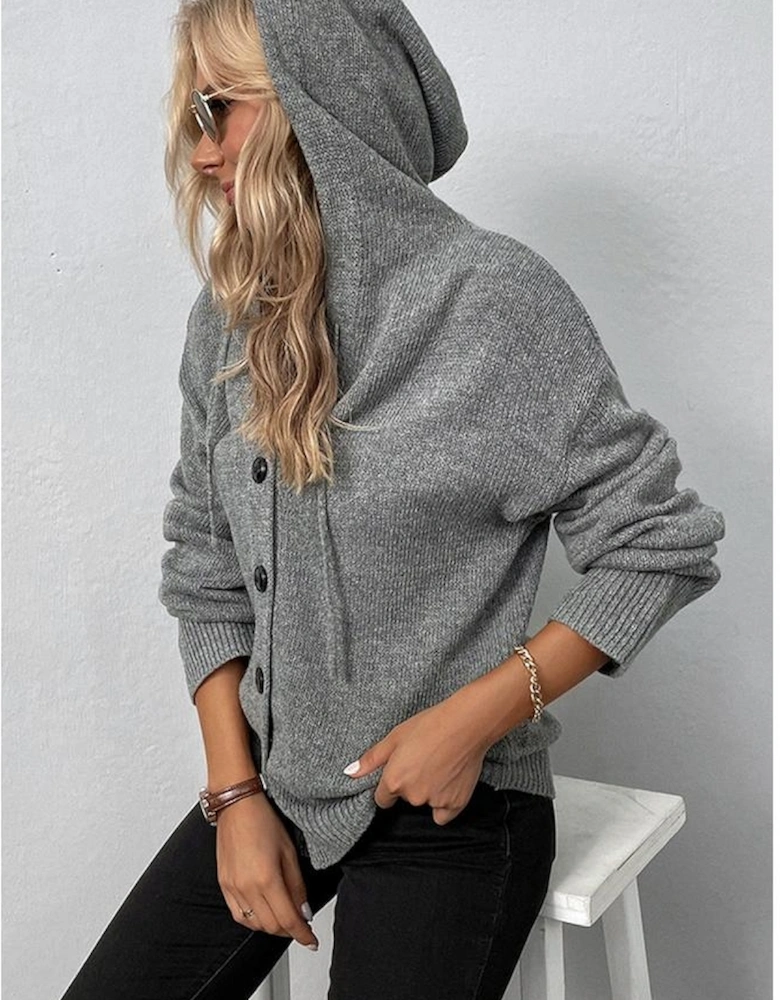 Medium Grey Drawstring Hooded Button Up Drop Shoulder Sweater Cardigan