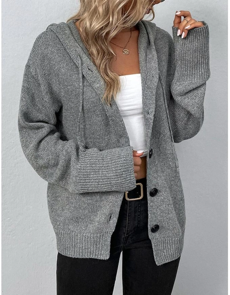 Medium Grey Drawstring Hooded Button Up Drop Shoulder Sweater Cardigan