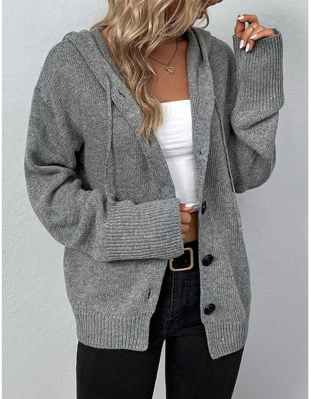 Medium Grey Drawstring Hooded Button Up Drop Shoulder Sweater Cardigan