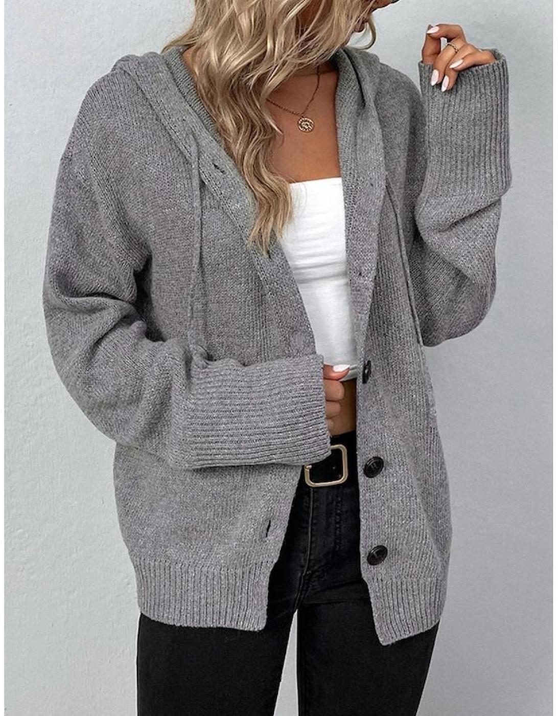 Medium Grey Drawstring Hooded Button Up Drop Shoulder Sweater Cardigan