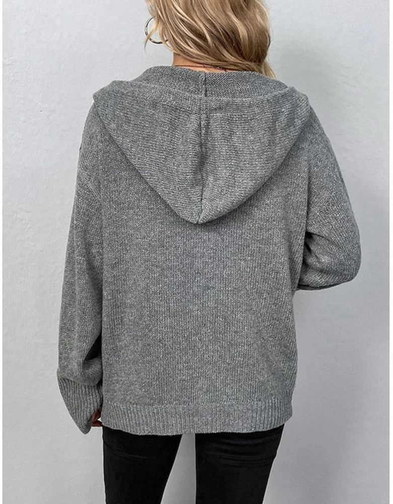 Medium Grey Drawstring Hooded Button Up Drop Shoulder Sweater Cardigan