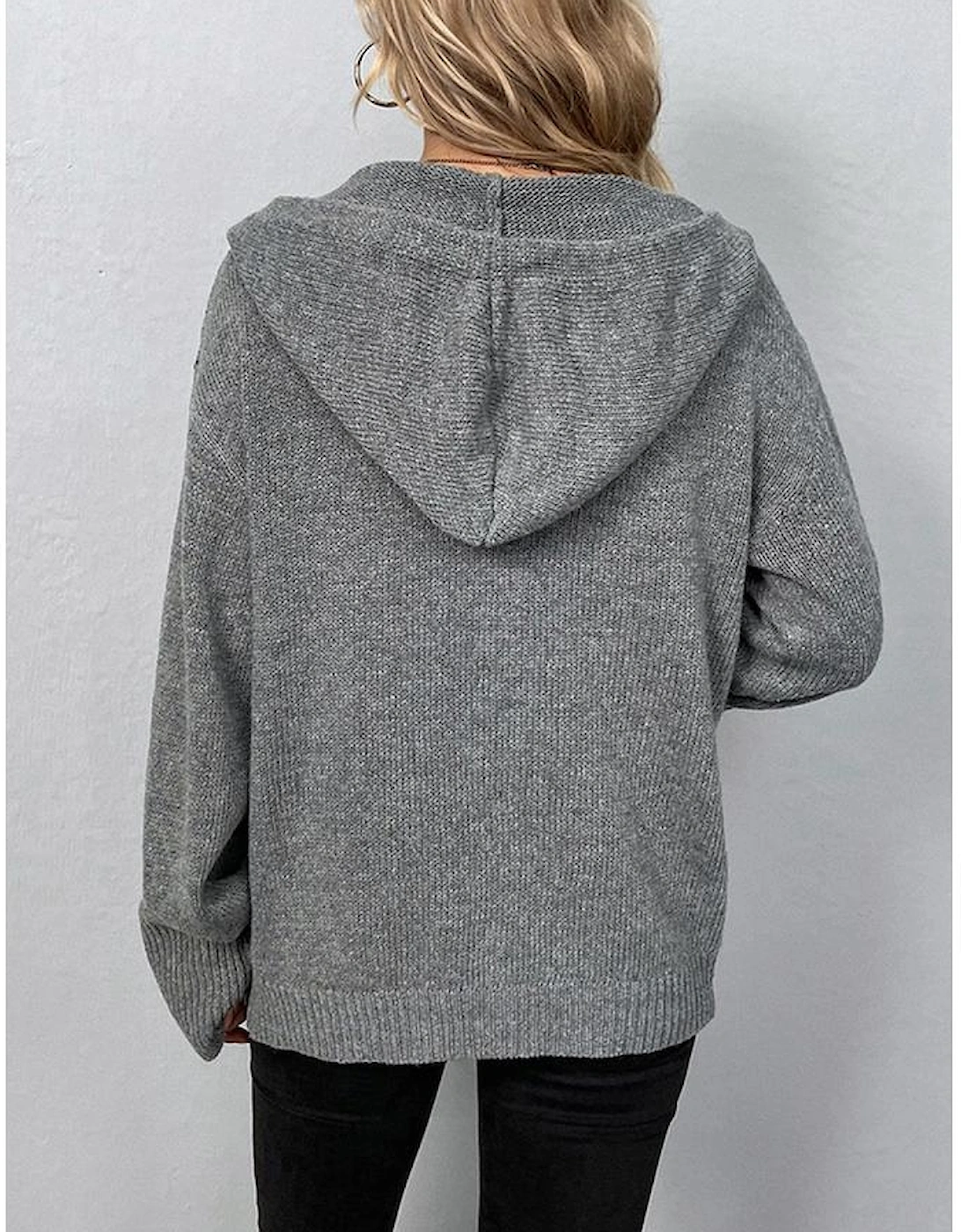 Medium Grey Drawstring Hooded Button Up Drop Shoulder Sweater Cardigan