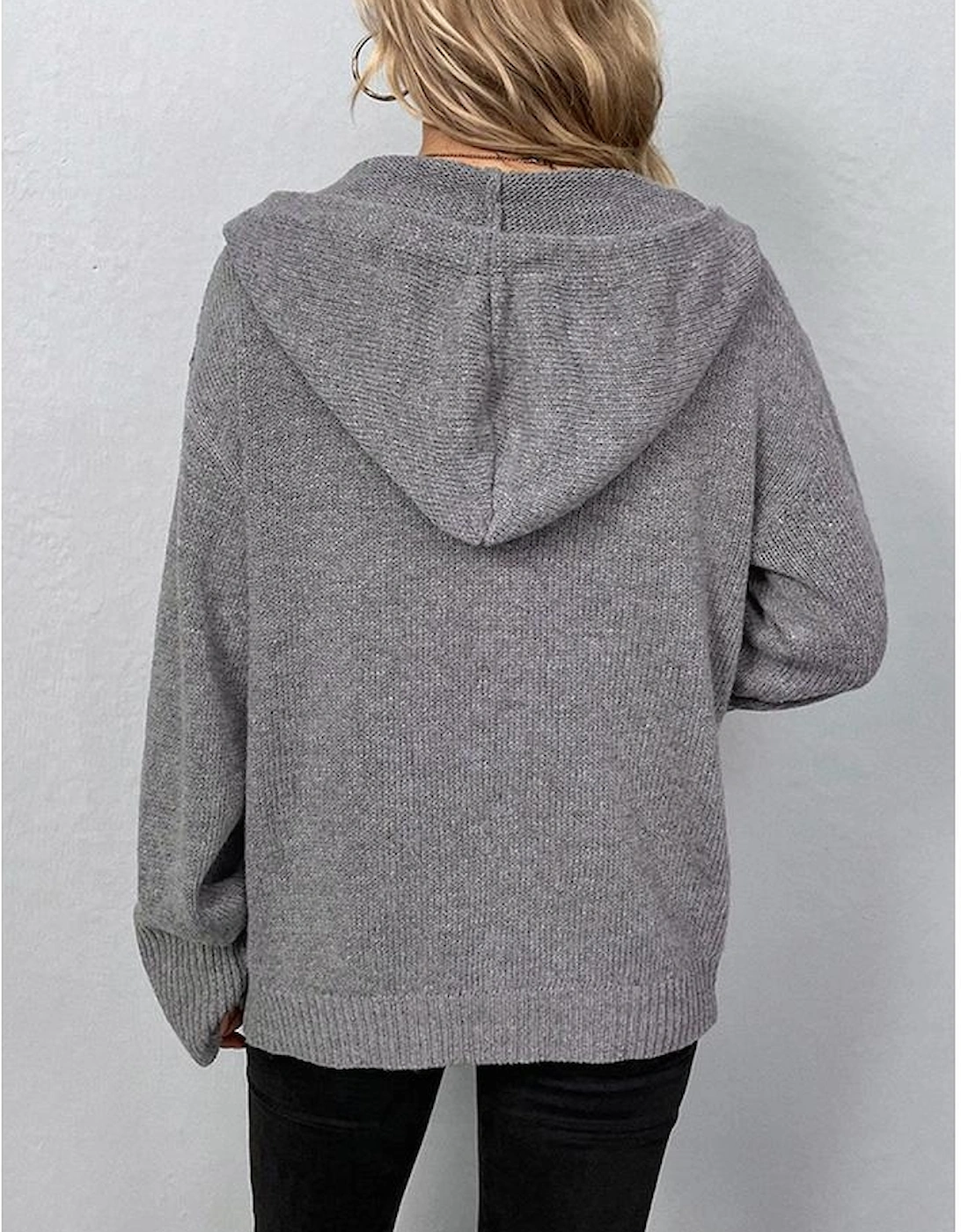 Medium Grey Drawstring Hooded Button Up Drop Shoulder Sweater Cardigan