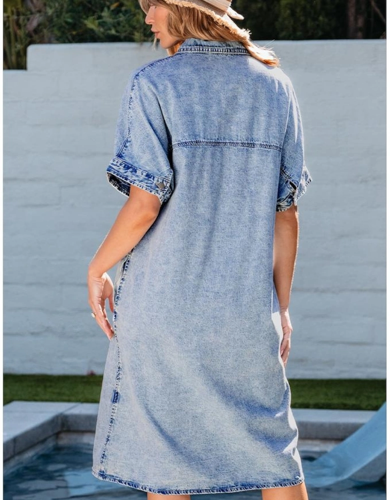 Light Blue Loose Medium Wash Short Sleeve Shirt Chambray Dress