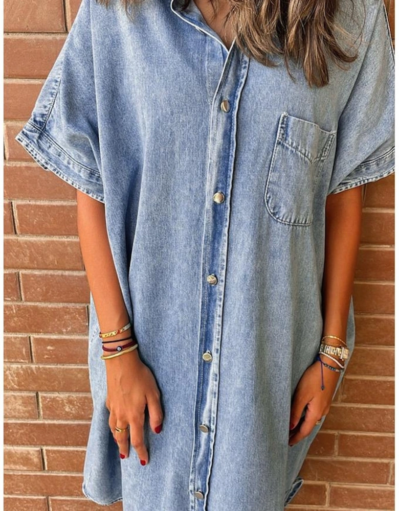 Light Blue Loose Medium Wash Short Sleeve Shirt Chambray Dress
