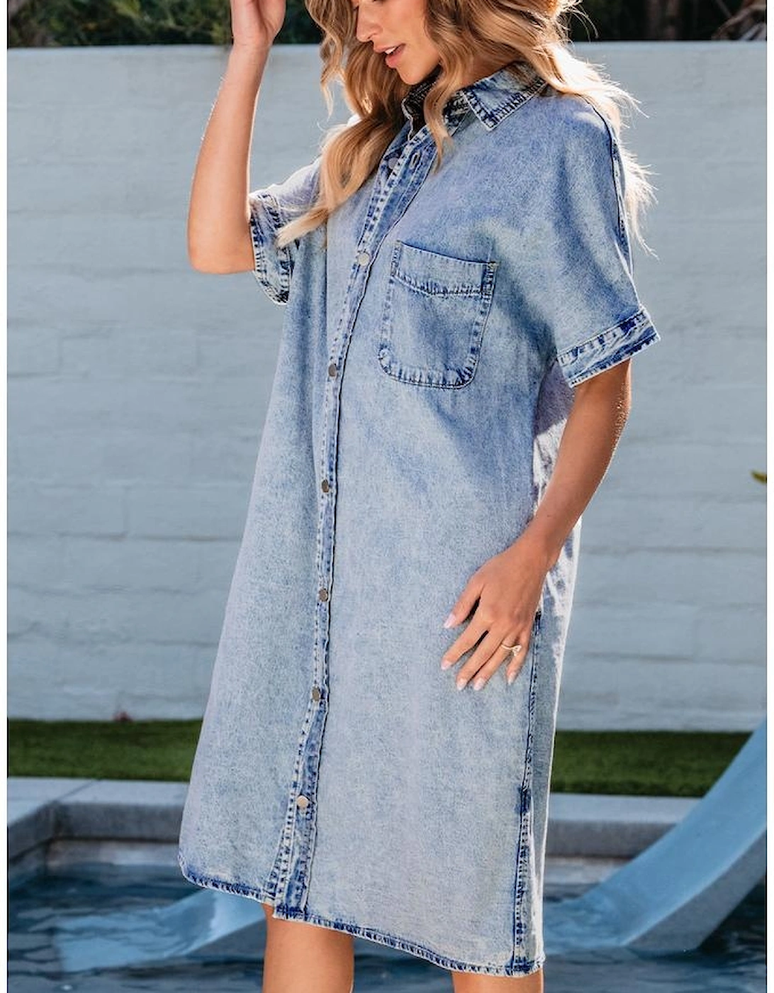 Light Blue Loose Medium Wash Short Sleeve Shirt Chambray Dress