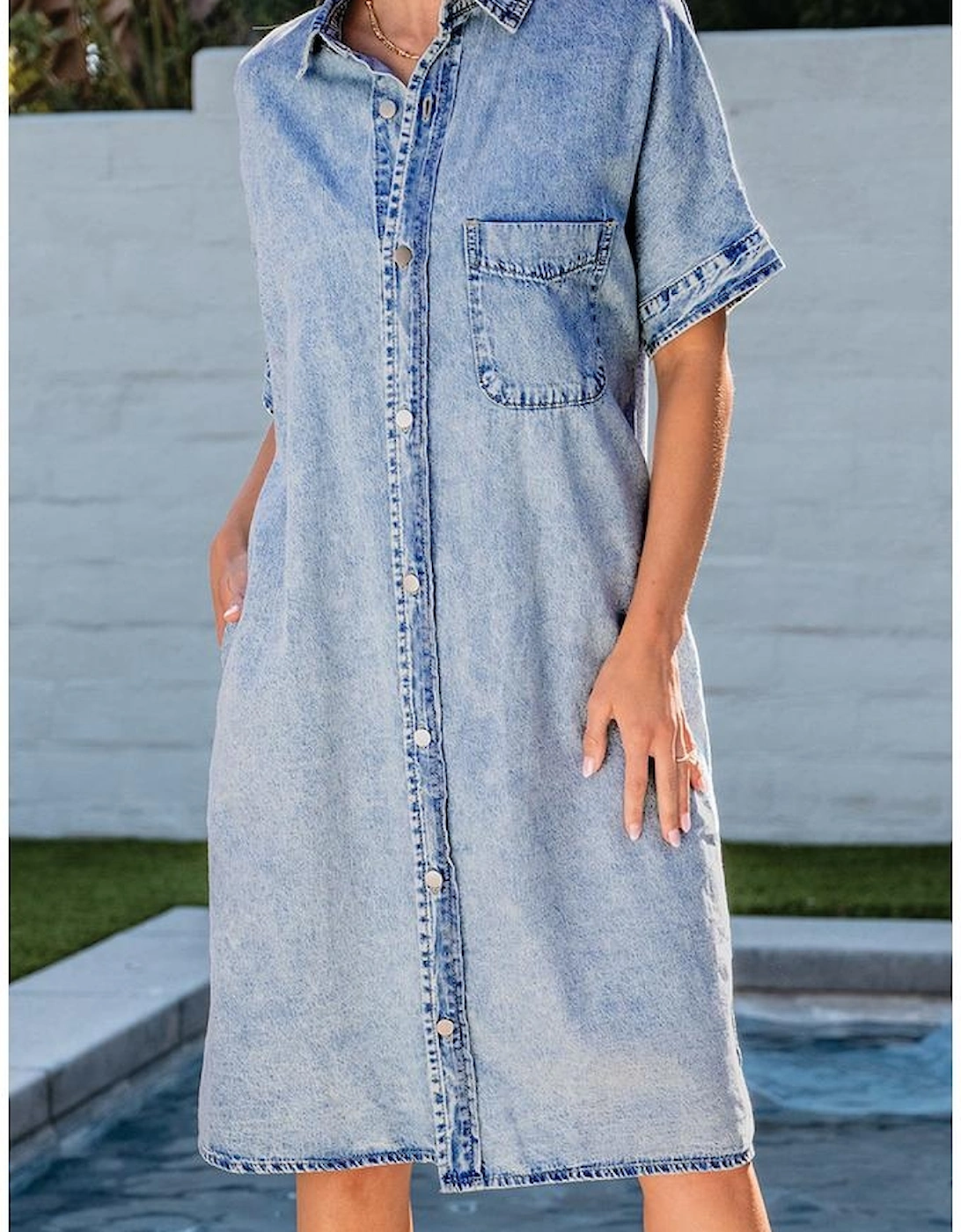 Light Blue Loose Medium Wash Short Sleeve Shirt Chambray Dress