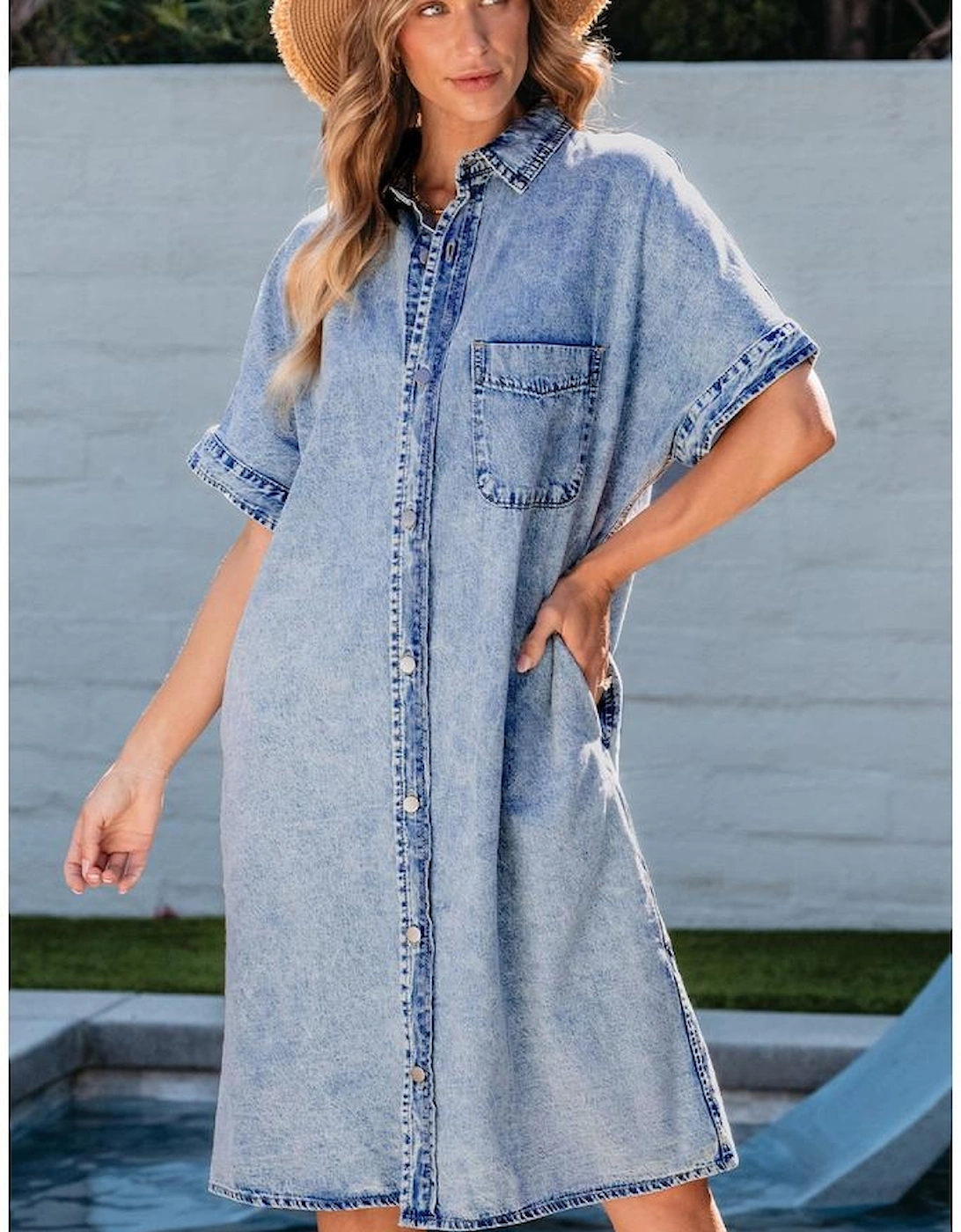 Light Blue Loose Medium Wash Short Sleeve Shirt Chambray Dress