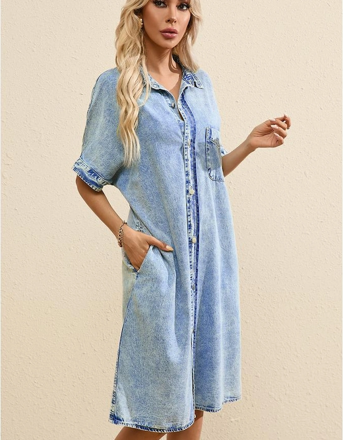 Light Blue Loose Medium Wash Short Sleeve Shirt Chambray Dress