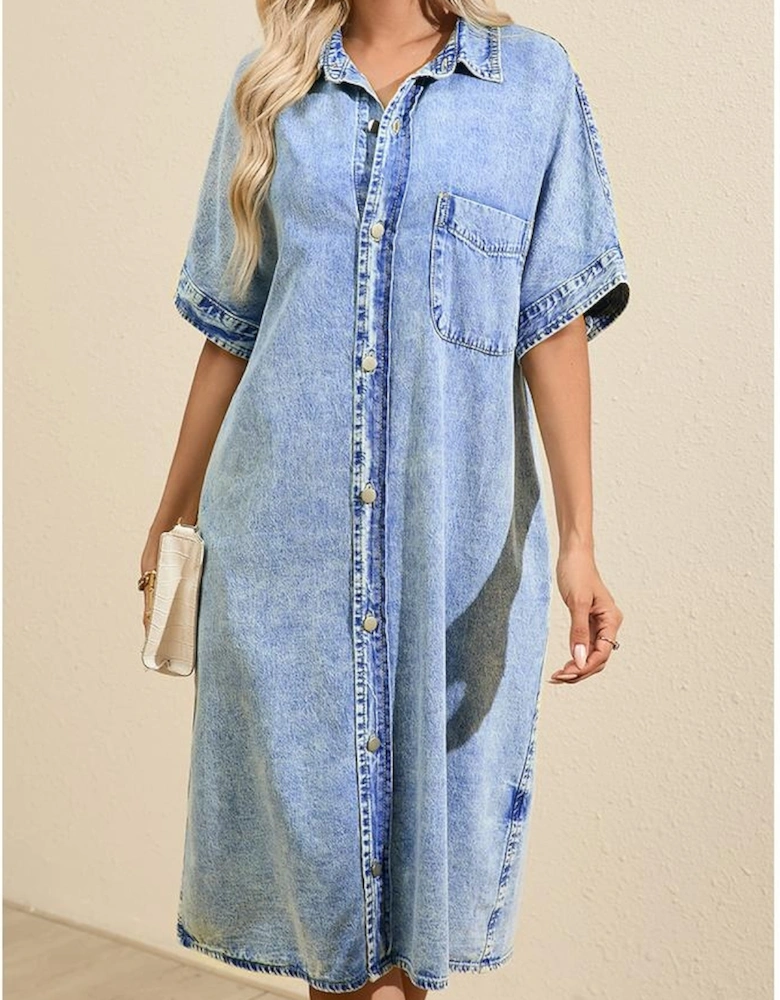Light Blue Loose Medium Wash Short Sleeve Shirt Chambray Dress