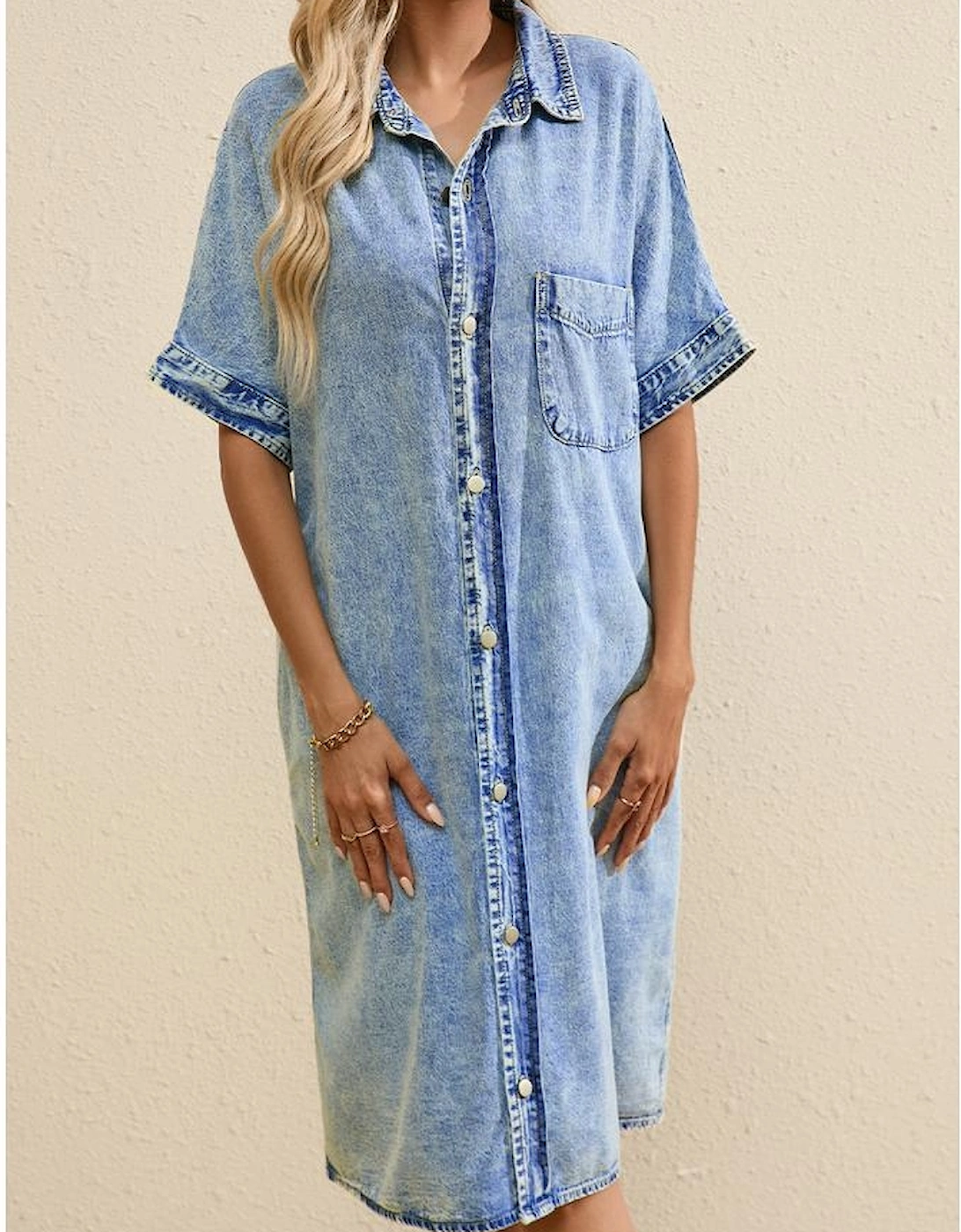 Light Blue Loose Medium Wash Short Sleeve Shirt Chambray Dress