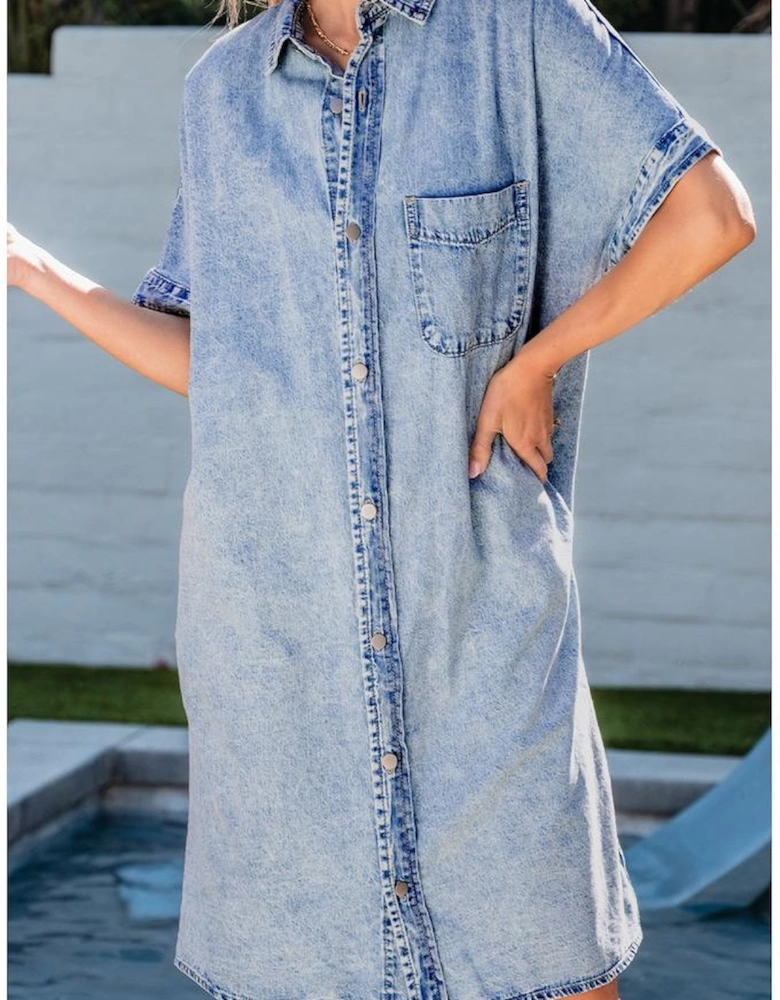 Light Blue Loose Medium Wash Short Sleeve Shirt Chambray Dress