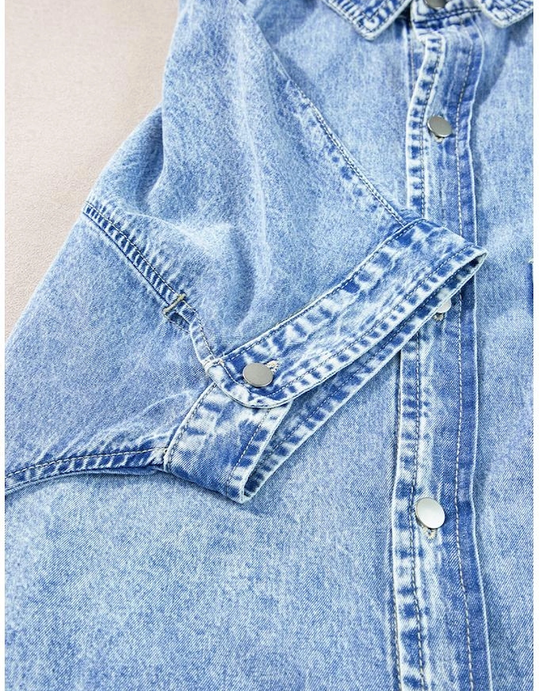 Light Blue Loose Medium Wash Short Sleeve Shirt Chambray Dress