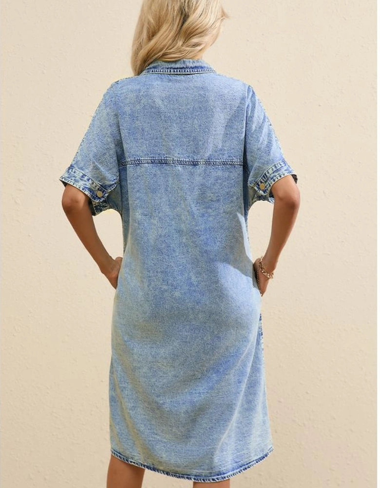 Light Blue Loose Medium Wash Short Sleeve Shirt Chambray Dress