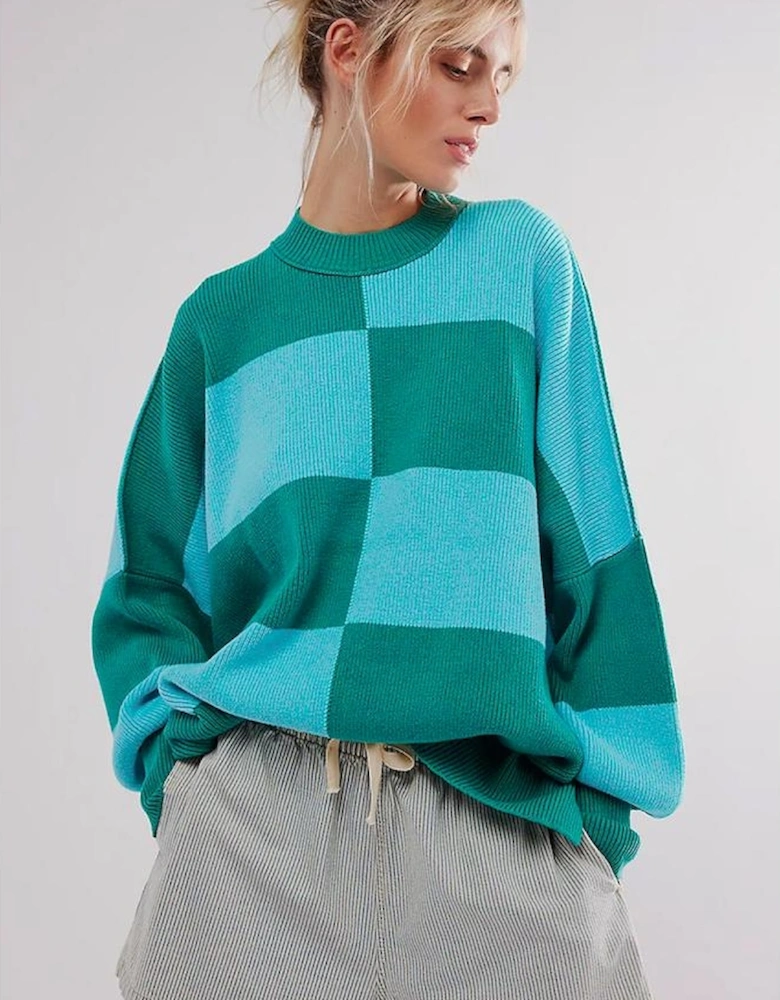 Green Checkered Side Slits Drop Shoulder Oversized Sweater