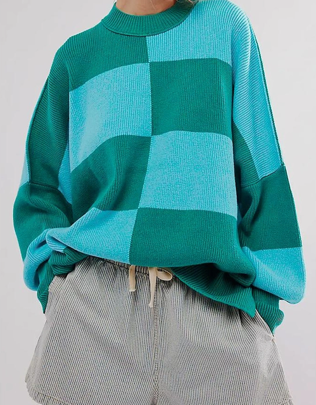 Green Checkered Side Slits Drop Shoulder Oversized Sweater, 6 of 5