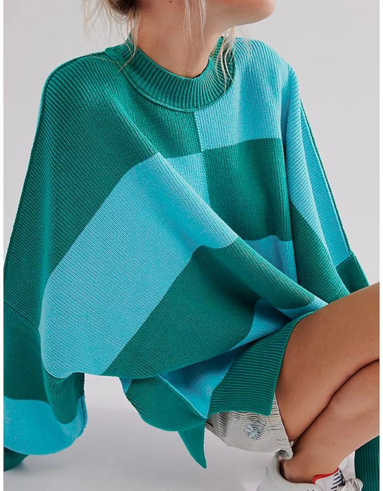 Green Checkered Side Slits Drop Shoulder Oversized Sweater