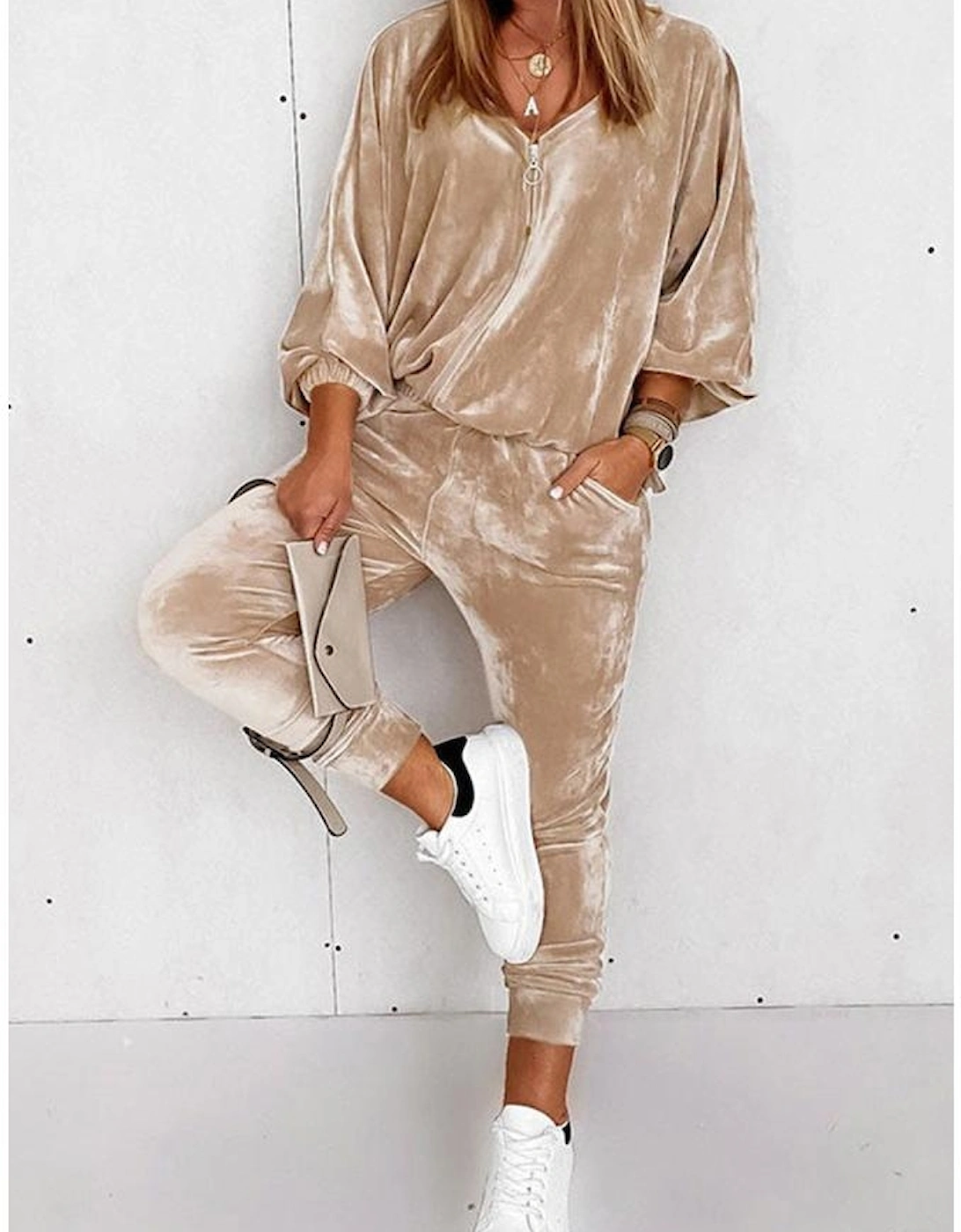 Parchment Velvet Zipped Top and Joggers Two Piece Set
