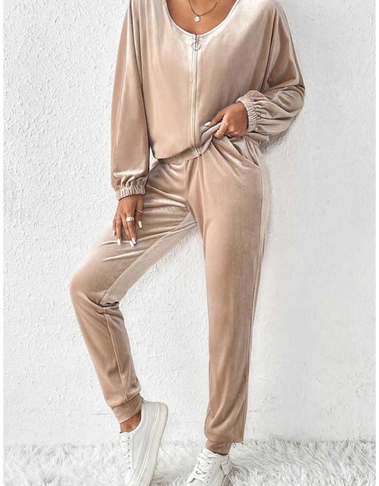 Parchment Velvet Zipped Top and Joggers Two Piece Set