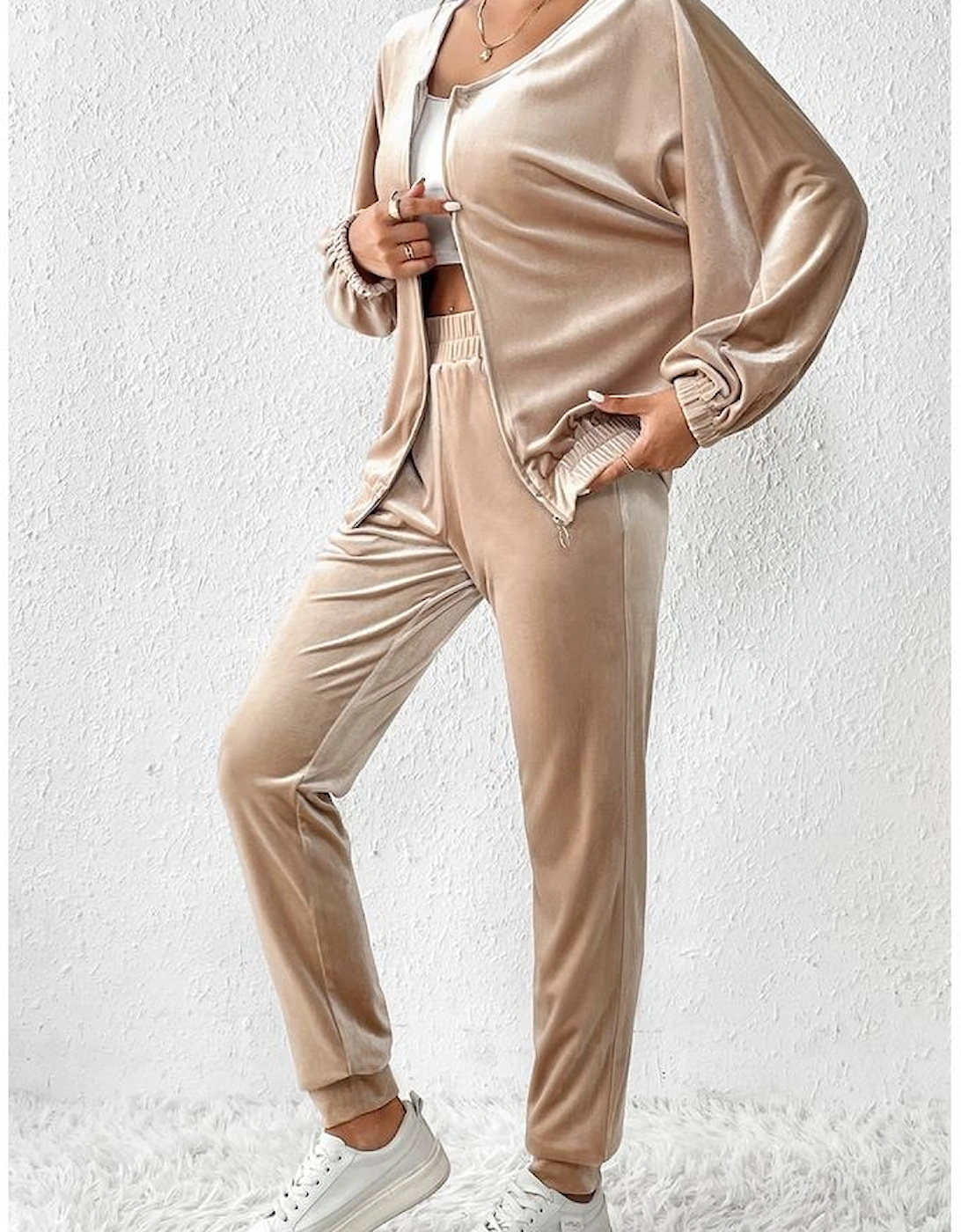 Parchment Velvet Zipped Top and Joggers Two Piece Set