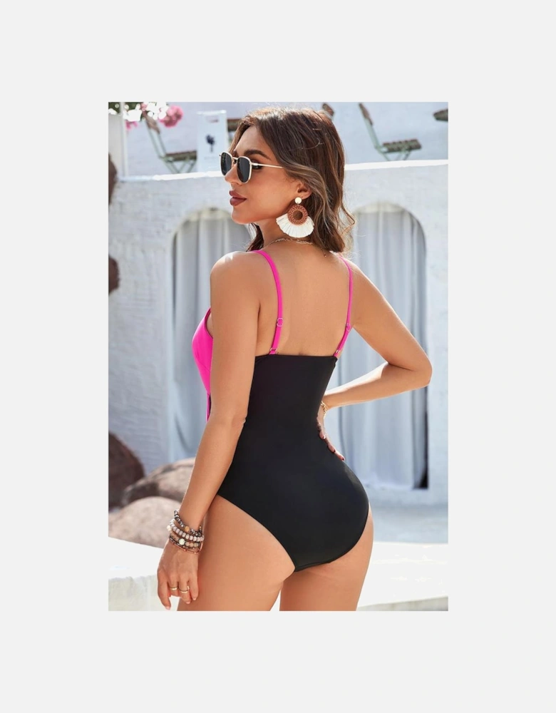 Rose Red Crossover Colorblock Cutout One Piece Swimsuit