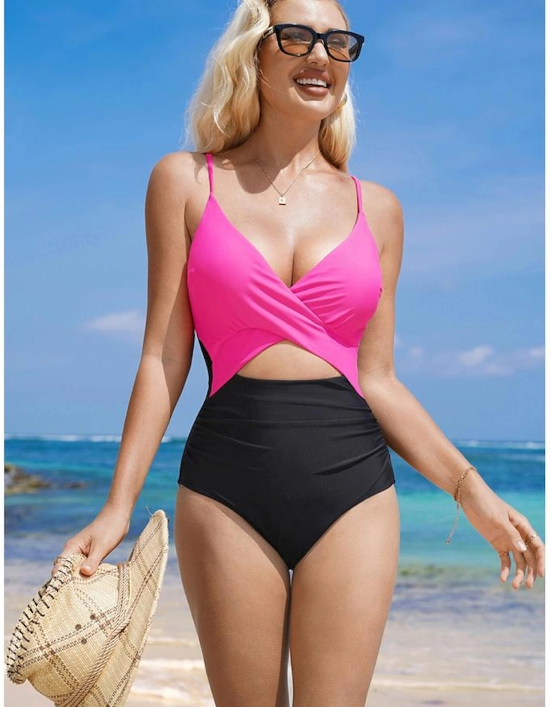 Rose Red Crossover Colorblock Cutout One Piece Swimsuit