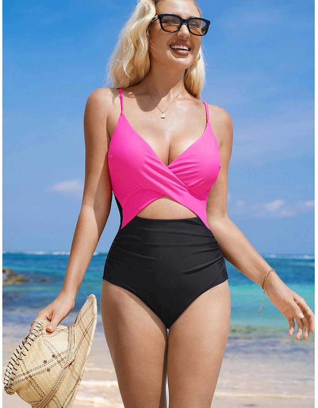 Rose Red Crossover Colorblock Cutout One Piece Swimsuit