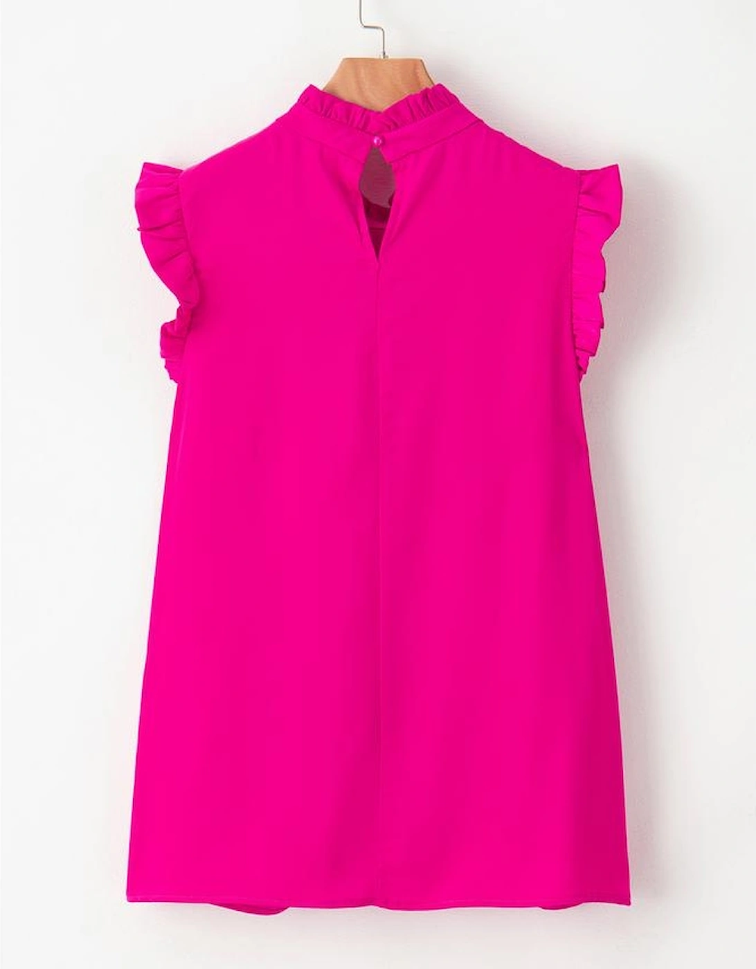 Bright Pink Pleated Mock Neck Frilled Trim Sleeveless Top