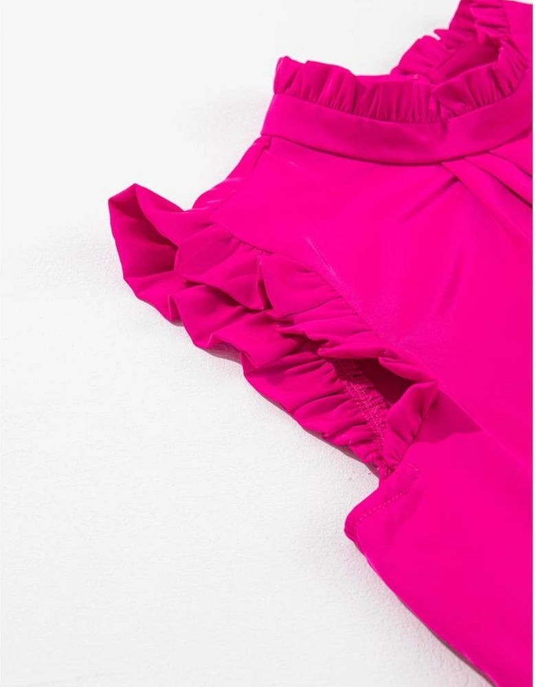 Bright Pink Pleated Mock Neck Frilled Trim Sleeveless Top