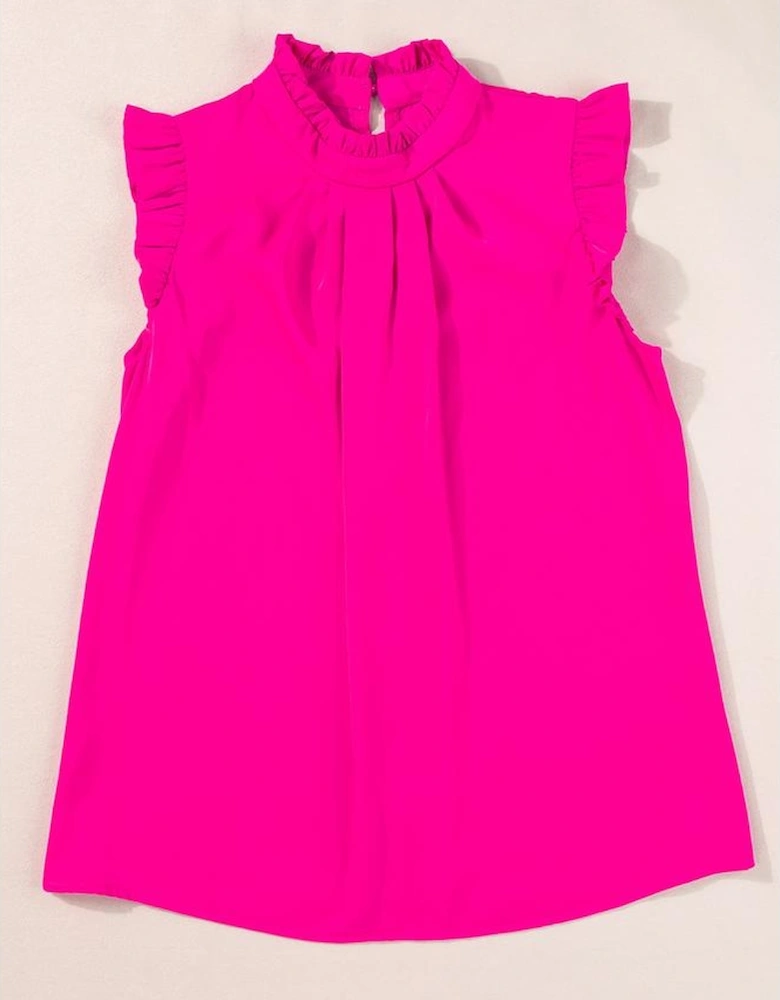 Bright Pink Pleated Mock Neck Frilled Trim Sleeveless Top