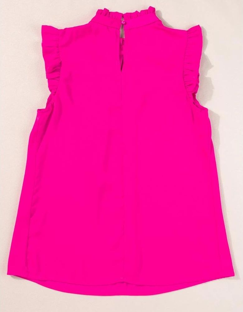 Bright Pink Pleated Mock Neck Frilled Trim Sleeveless Top