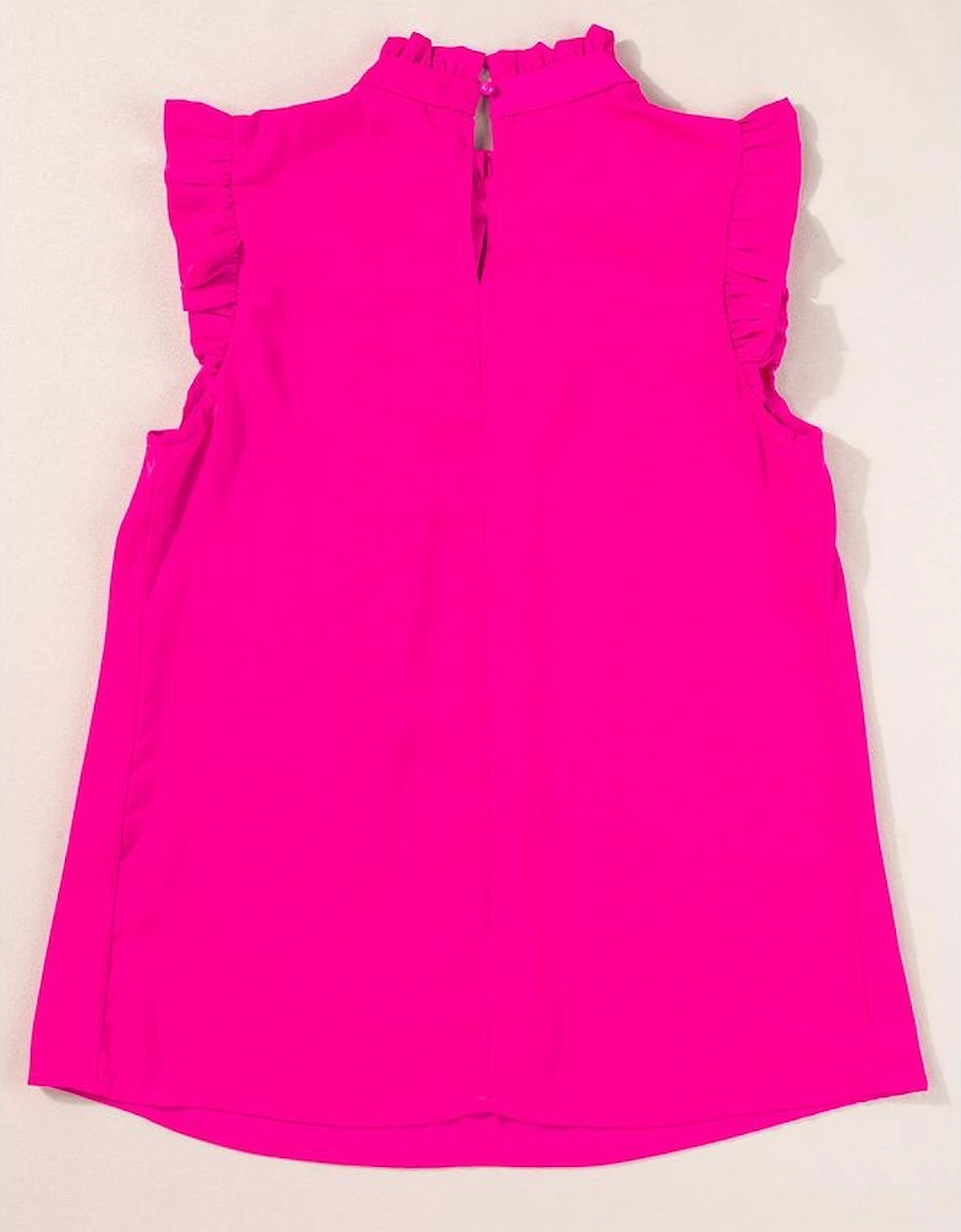 Bright Pink Pleated Mock Neck Frilled Trim Sleeveless Top