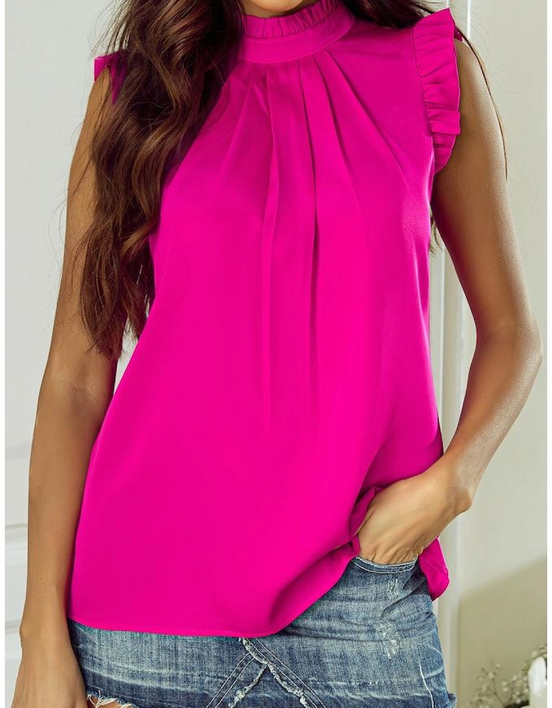 Bright Pink Pleated Mock Neck Frilled Trim Sleeveless Top