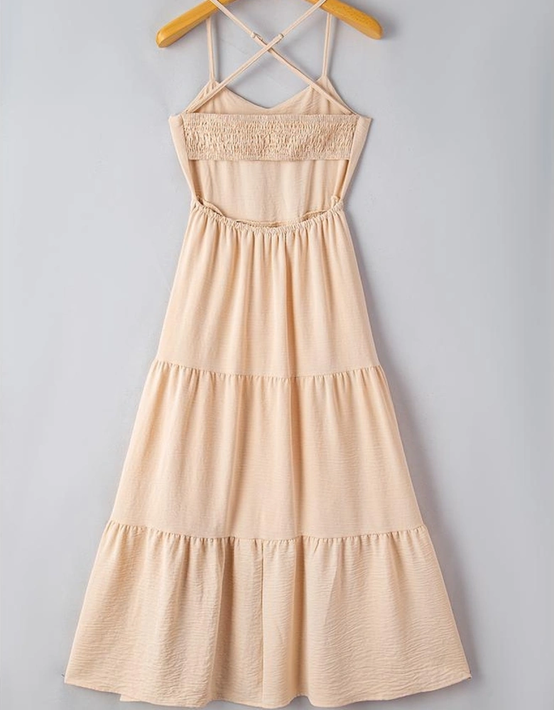 Oatmeal Crossover Backless Bodice Tiered Maxi Dress