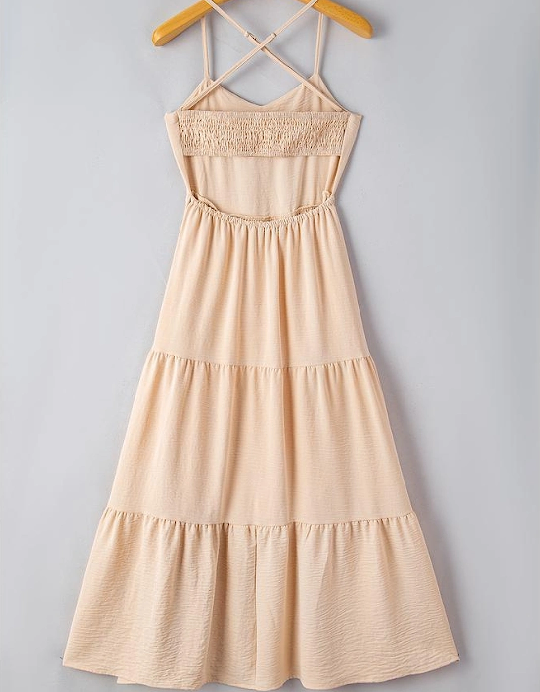 Oatmeal Crossover Backless Bodice Tiered Maxi Dress