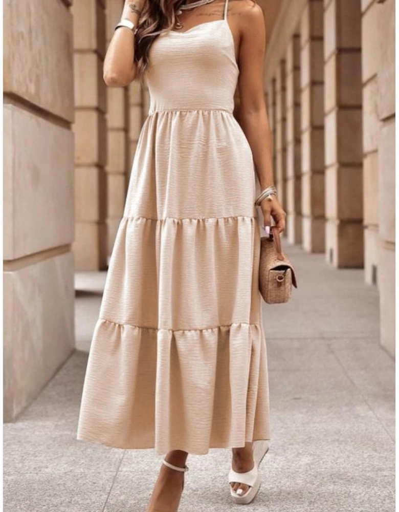 Oatmeal Crossover Backless Bodice Tiered Maxi Dress
