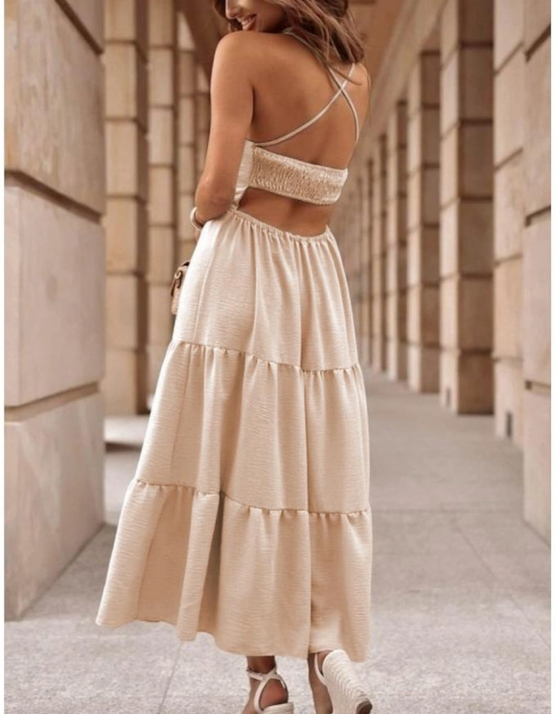 Oatmeal Crossover Backless Bodice Tiered Maxi Dress