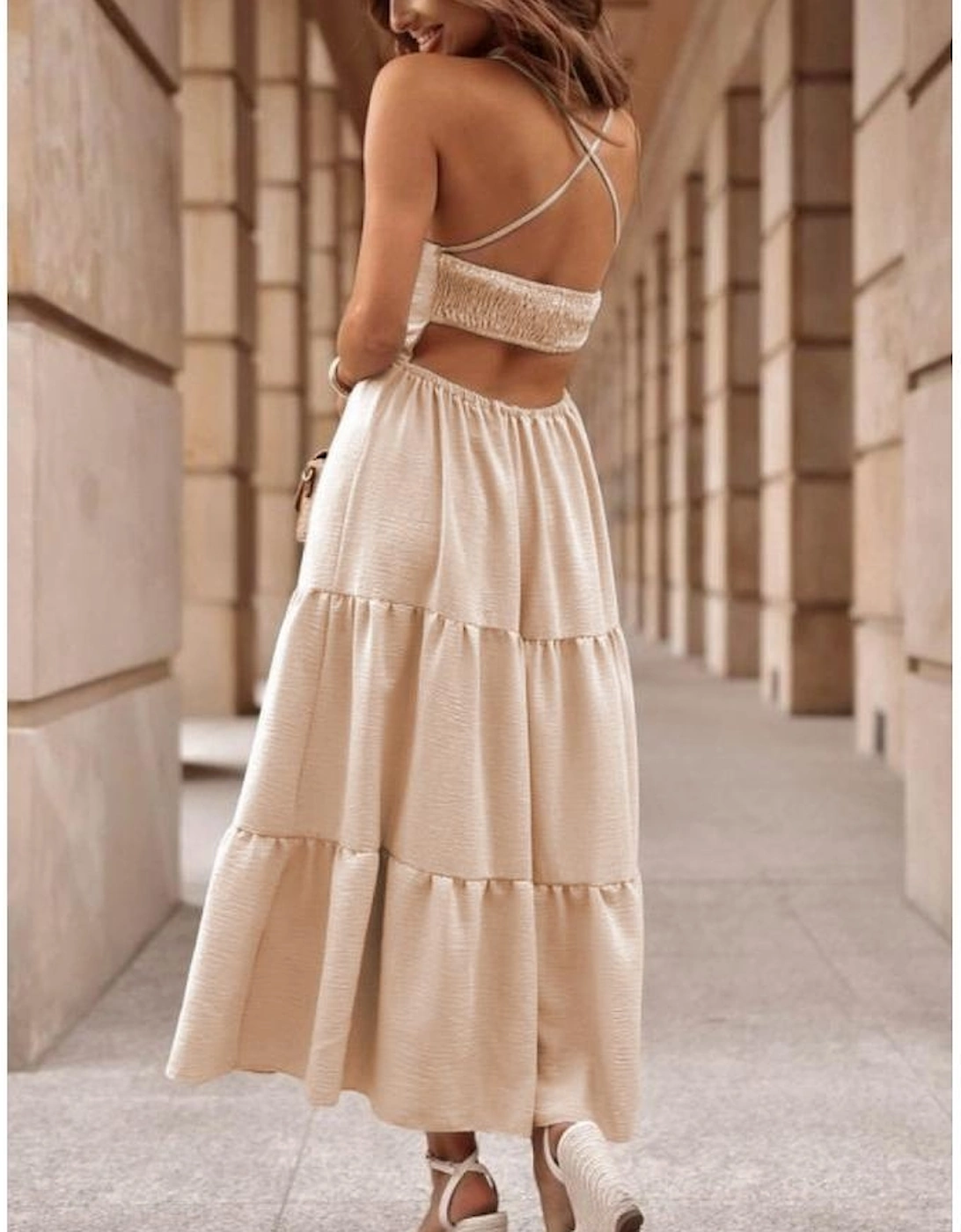 Oatmeal Crossover Backless Bodice Tiered Maxi Dress