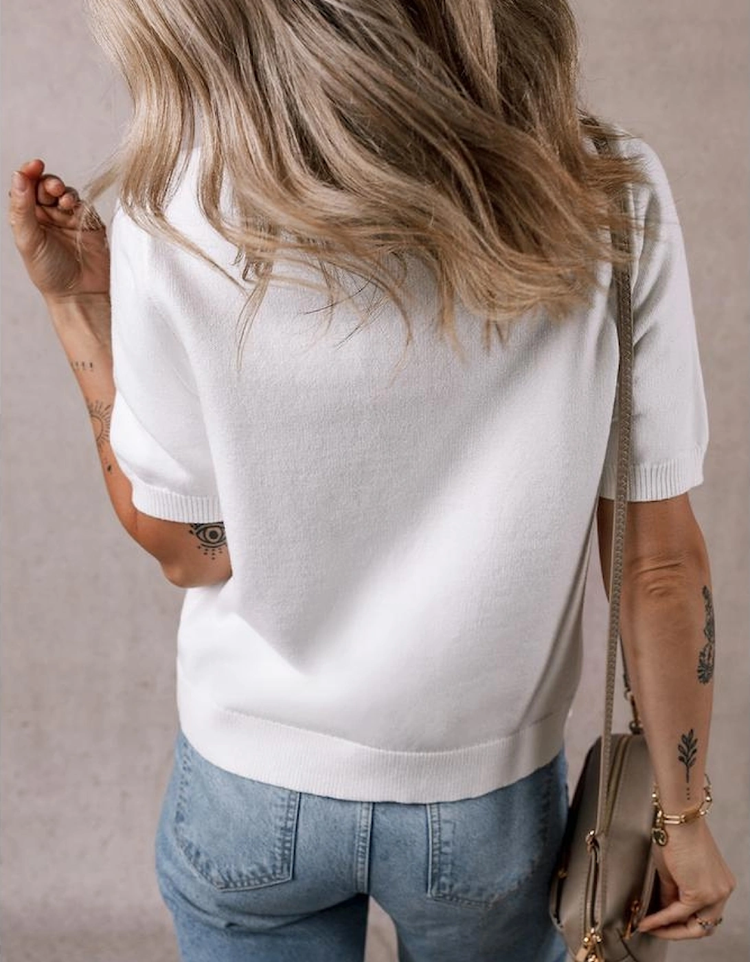 White Gold Buttons Textured Sweater T Shirt