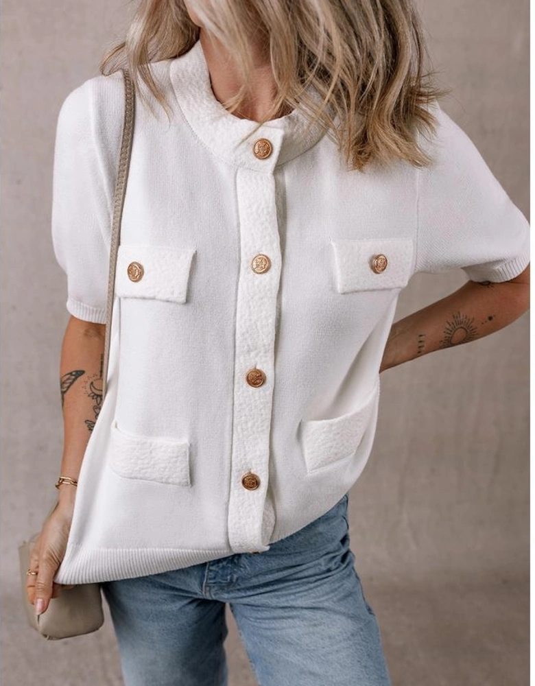 White Gold Buttons Textured Sweater T Shirt