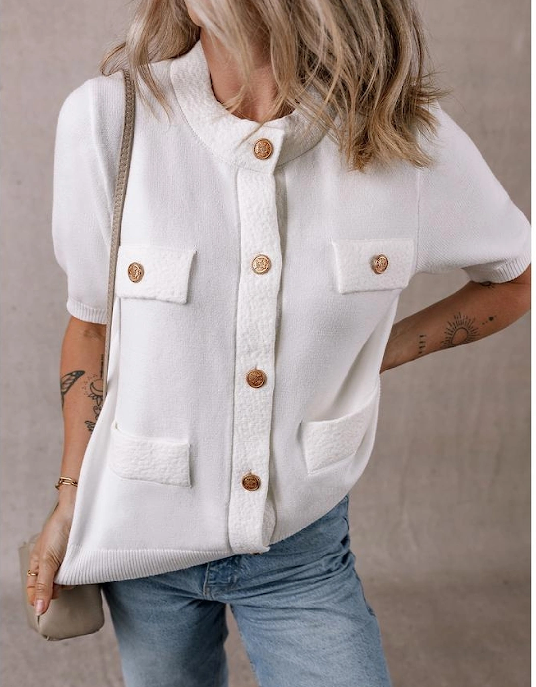 White Gold Buttons Textured Sweater T Shirt