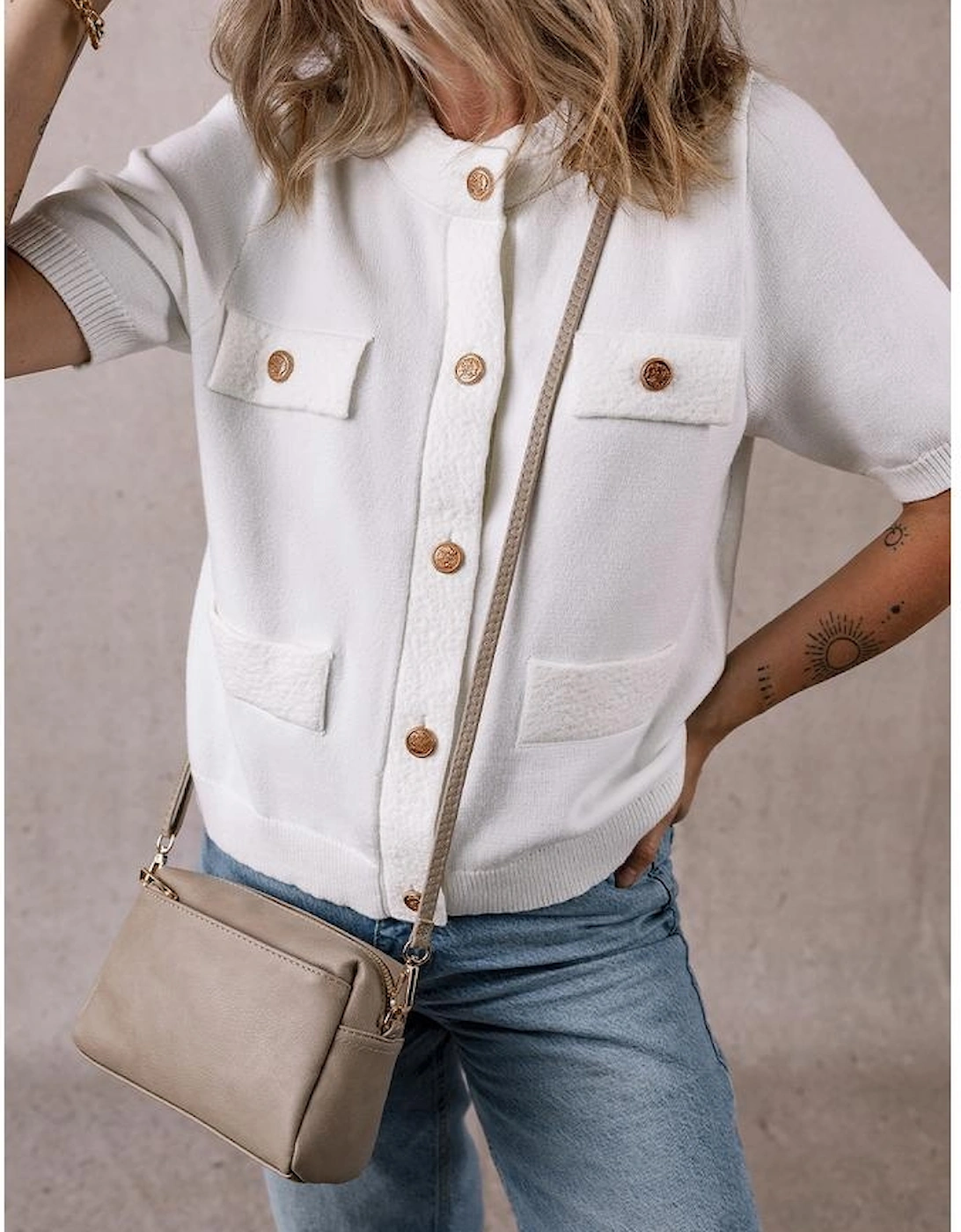 White Gold Buttons Textured Sweater T Shirt