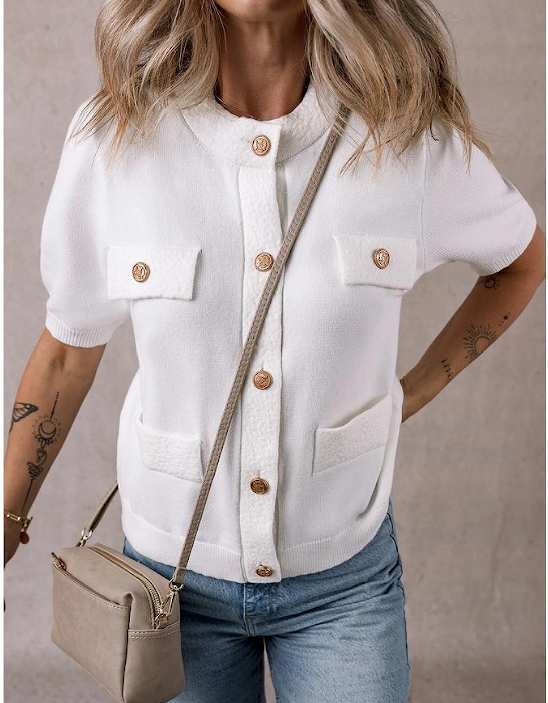 White Gold Buttons Textured Sweater T Shirt