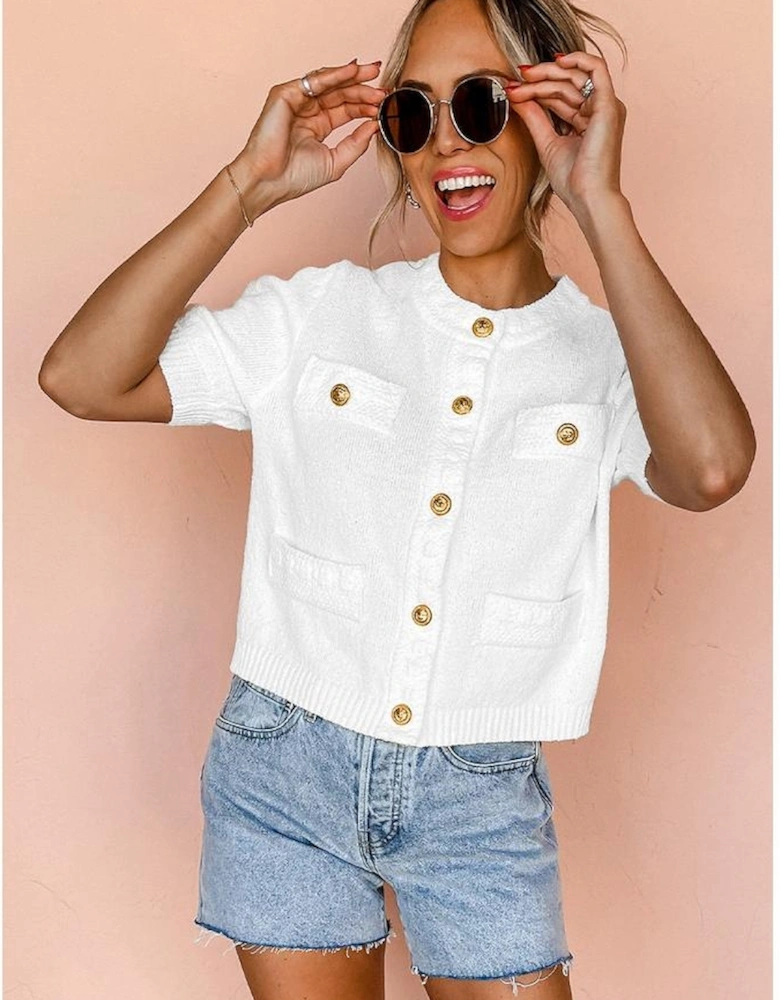 White Gold Buttons Textured Sweater T Shirt
