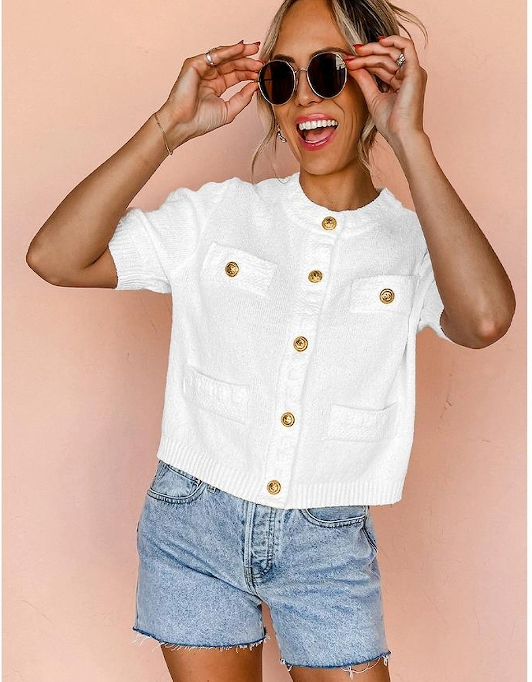 White Gold Buttons Textured Sweater T Shirt