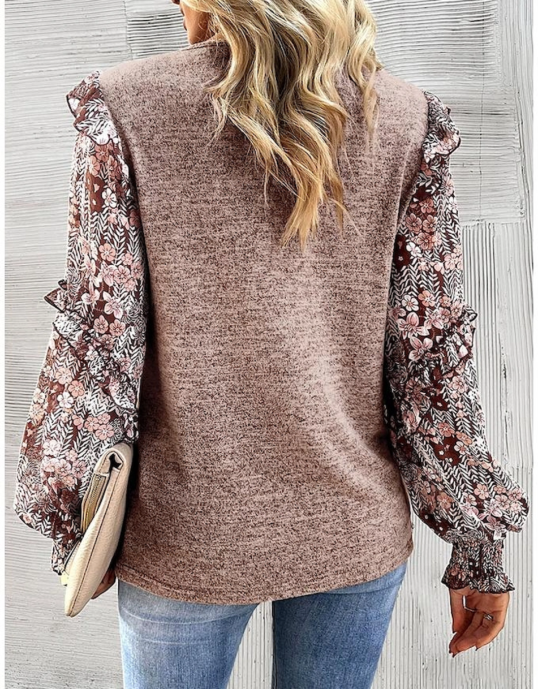 Pale Chestnut Ruffle Tiered Floral Sleeve Crew Neck Blouse
