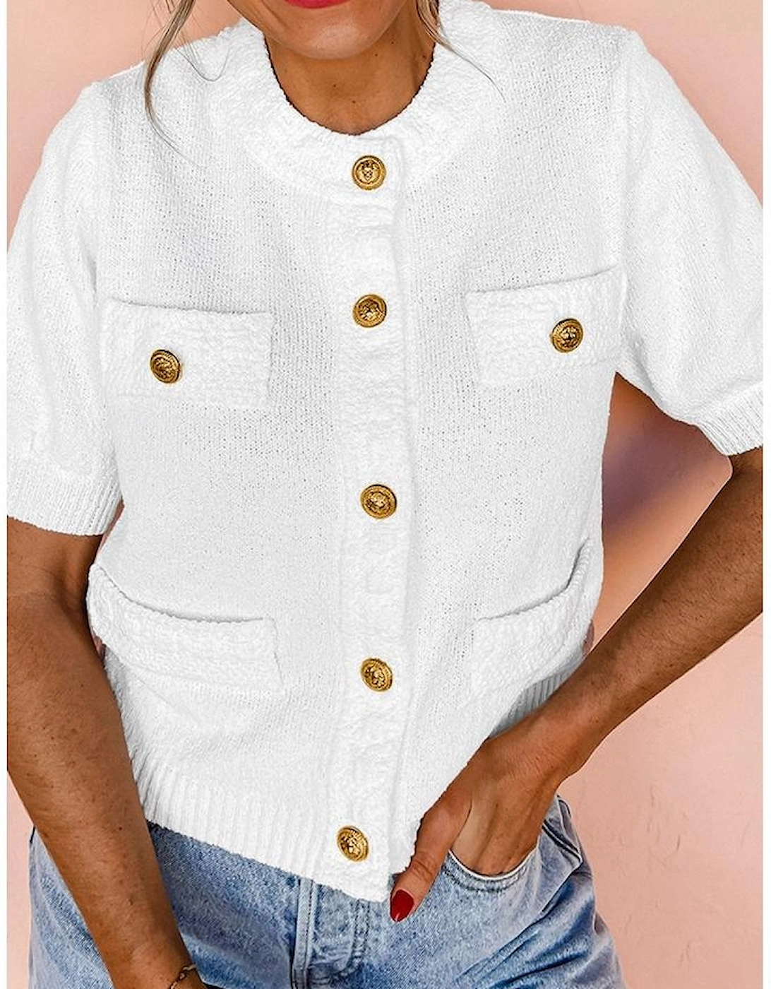 White Gold Buttons Textured Sweater T Shirt