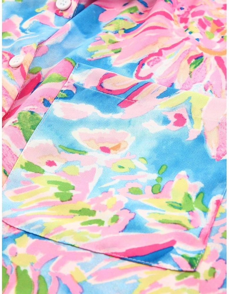 Pink Abstract Floral Print Buttoned Sheath Long Sleeve Shirt